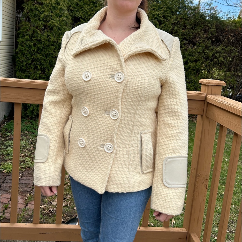 New Women's Cream Jacket Wool and Leather